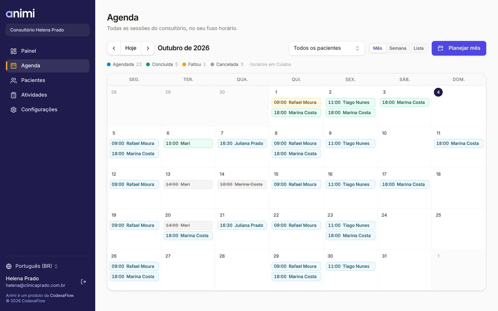 Agenda mensal do consultório no Animi